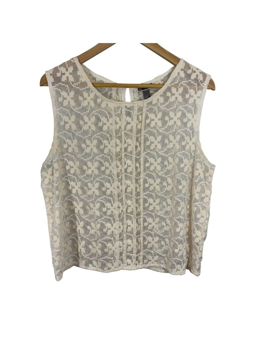 Chelsea28 Boxy Sleeveless Top Sz L Cream Woven Embroidered Shirt Boho Pullover